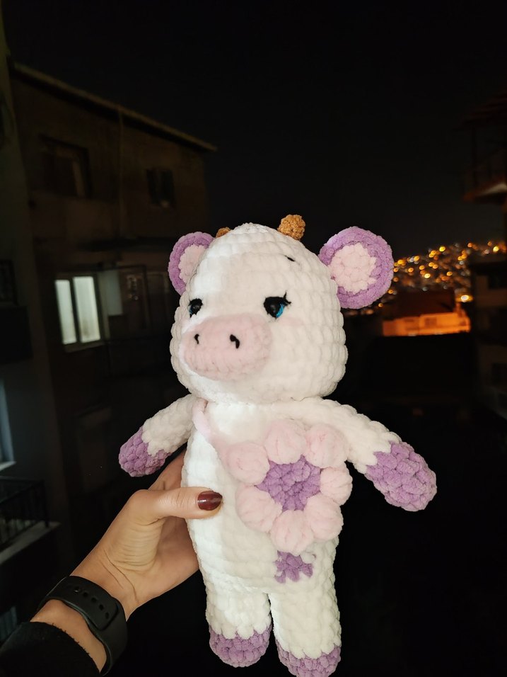 Pastel Renkli Beyaz Peluş İnek Oyuncak - Görsel 2