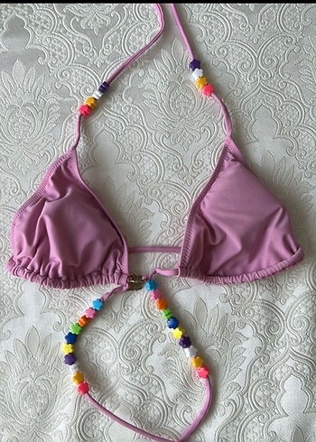 Boncuk Detaylı Pembe İpli Bikini Üstü - Görsel 3