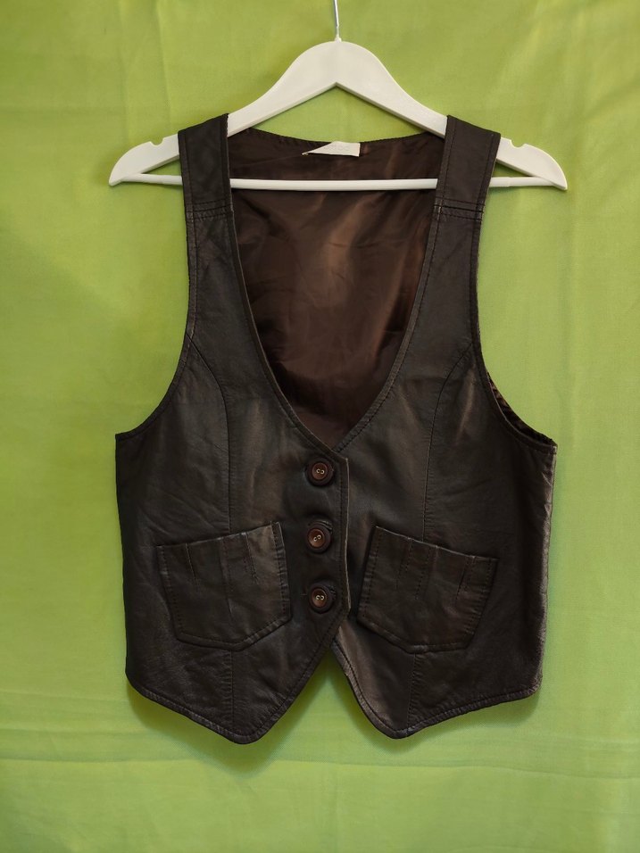 Düğmeli Kahverengi Deri unisex Yelek - Görsel 3