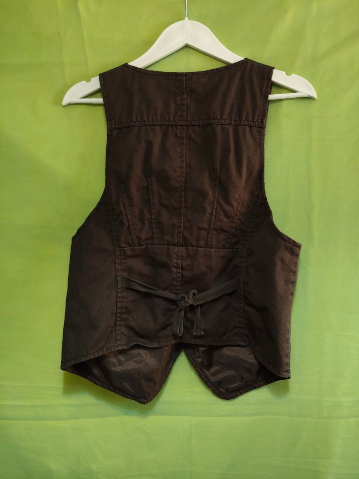 Düğmeli Kahverengi Deri unisex Yelek - Görsel 2