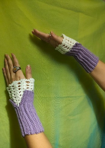 Mor Dantel Detaylı Örgü Bohem Eldiven - Görsel 3