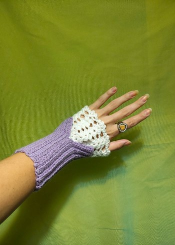 Mor Dantel Detaylı Örgü Bohem Eldiven - Görsel 2