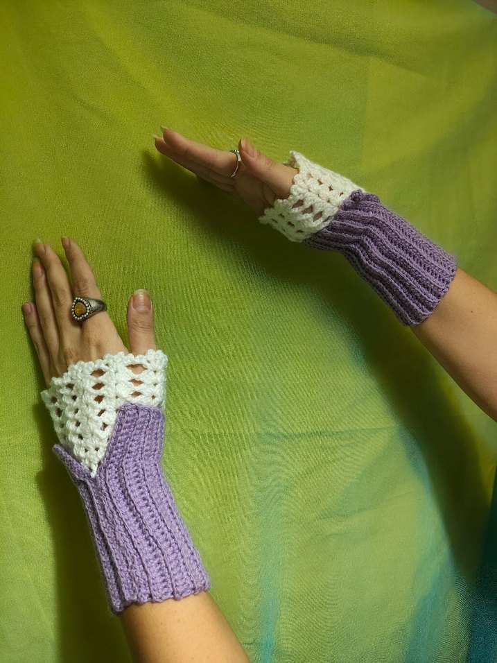Mor Dantel Detaylı Örgü Bohem Eldiven - Görsel 3
