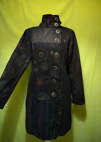 Düğmeli Siyah Desenli Uzun vintage Kabanı - Görsel 6