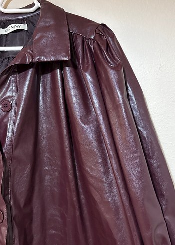 Bordo Düğmeli Deri Kadın Ceket - Görsel 2