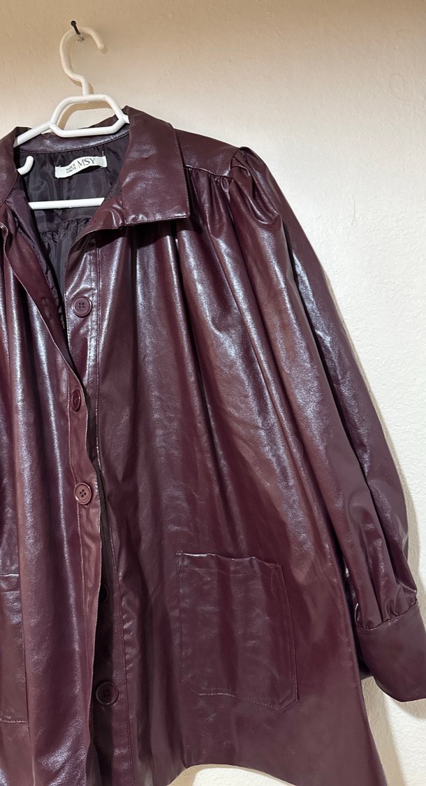 Bordo Düğmeli Deri Kadın Ceket - Görsel 3