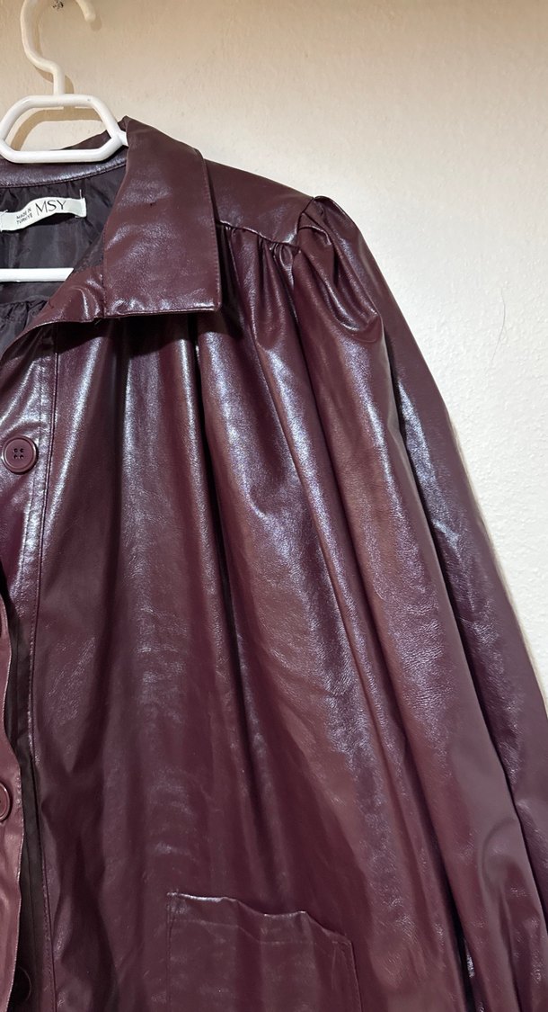 Bordo Düğmeli Deri Kadın Ceket - Görsel 2