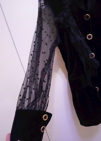 Düğmeli Siyah Uzun Kadın Blazer kadıfe - Görsel 3