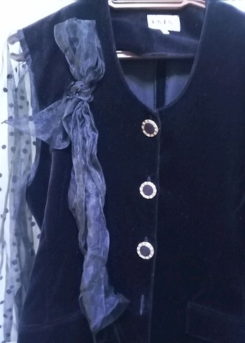 Düğmeli Siyah Uzun Kadın Blazer kadıfe - Görsel 4