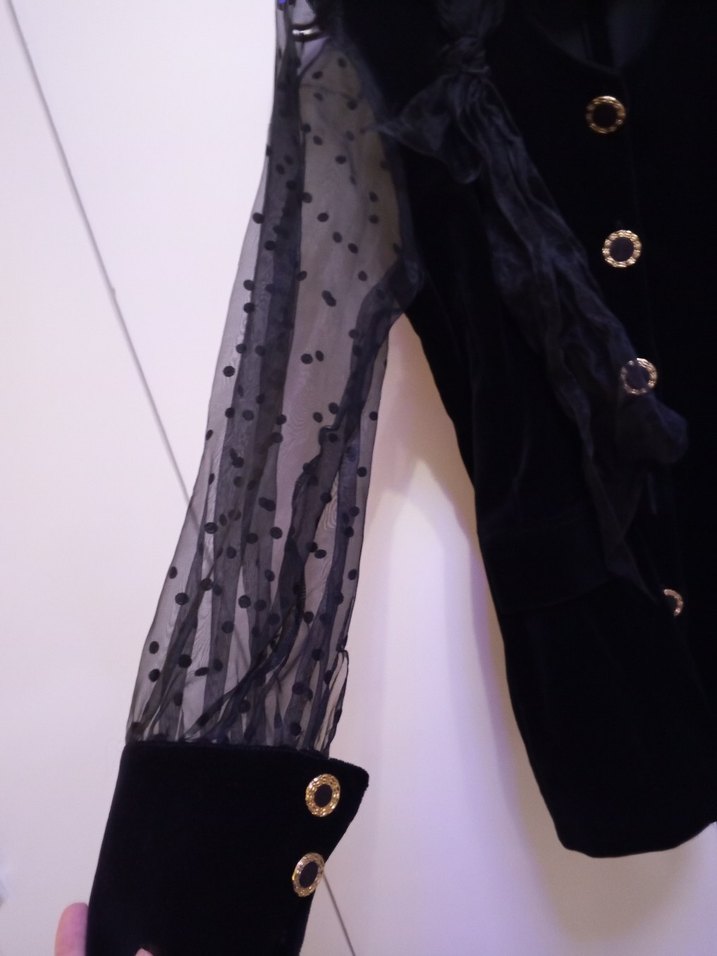 Düğmeli Siyah Uzun Kadın Blazer kadıfe - Görsel 3