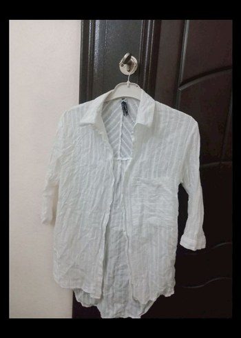 Düğmeli Keten Kadın Beyaz Gömlek - Görsel 2