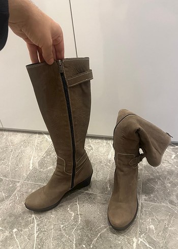 Kadın Bej Süet Dolgu Topuklu Dizüstü Çizme - Görsel 5