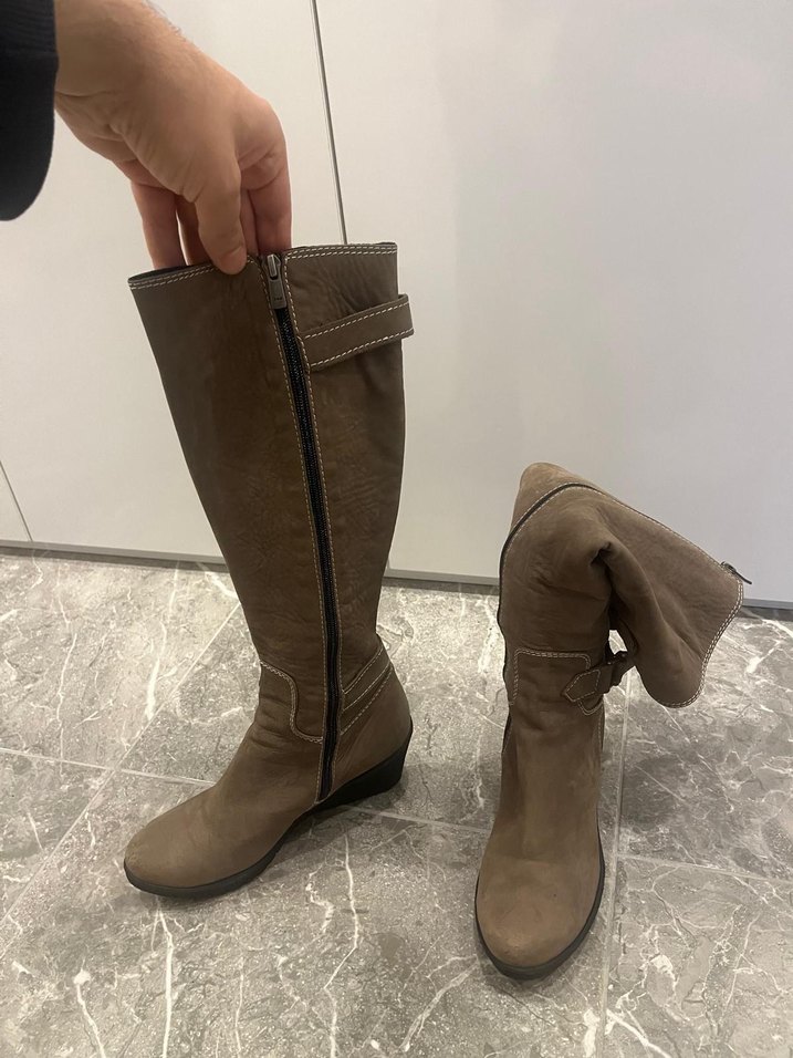 Kadın Bej Süet Dolgu Topuklu Dizüstü Çizme - Görsel 5