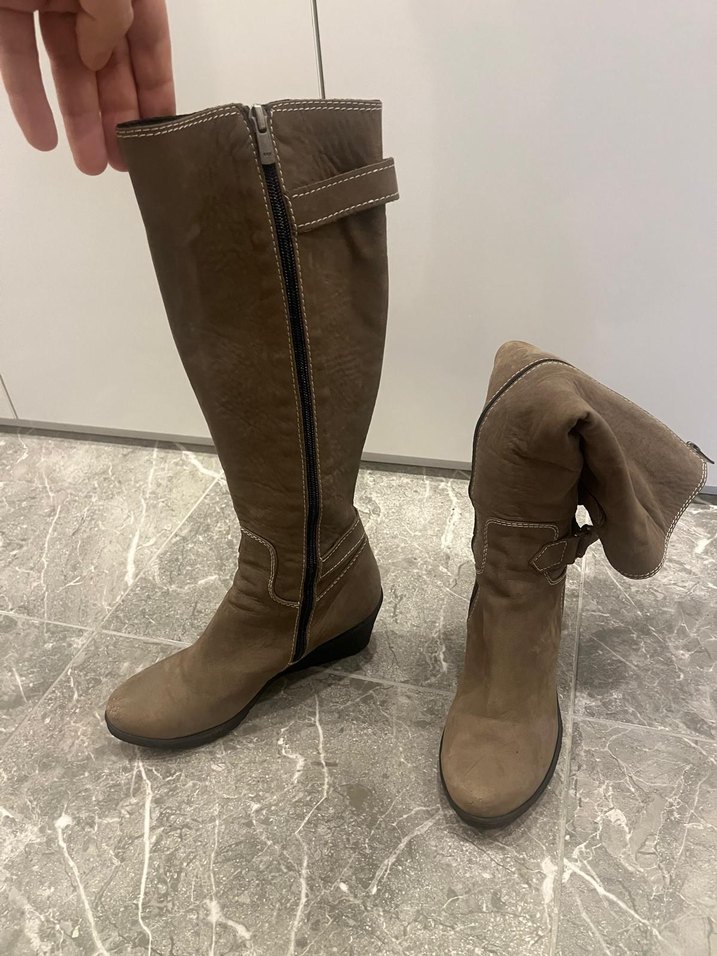 Kadın Bej Süet Dolgu Topuklu Dizüstü Çizme - Görsel 2