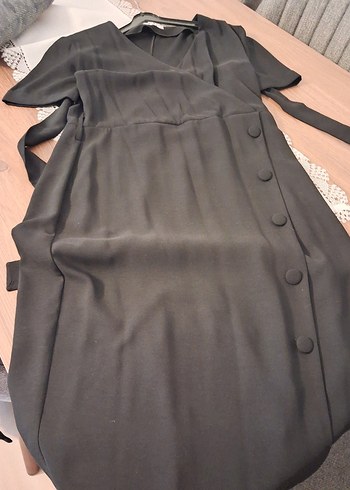 Siyah V Yaka Drapeli Uzun Kadın Elbise - Görsel 5