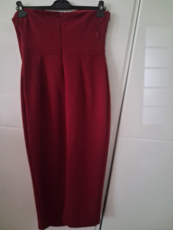 Bordo Uzun Drapeli Straplez Kadın Kalem Elbise - Görsel 2