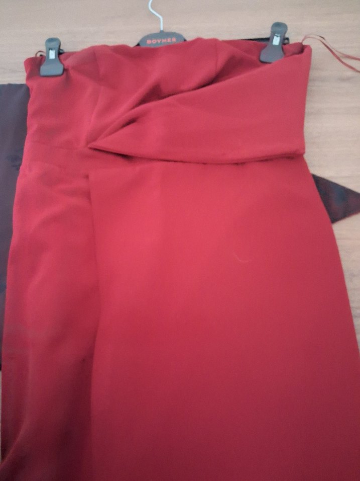 Bordo Uzun Drapeli Straplez Kadın Kalem Elbise - Görsel 3