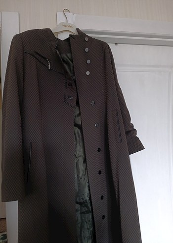 Düğmeli haki yeşili Kareli Kadın Uzun Kaban - Görsel 7