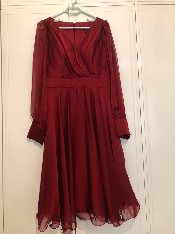 Bordo Uzun Kollu Drapeli Abiye Elbise - Görsel 3