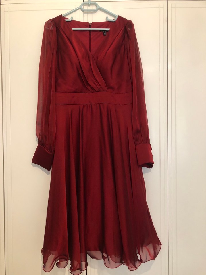 Bordo Uzun Kollu Drapeli Abiye Elbise - Görsel 2