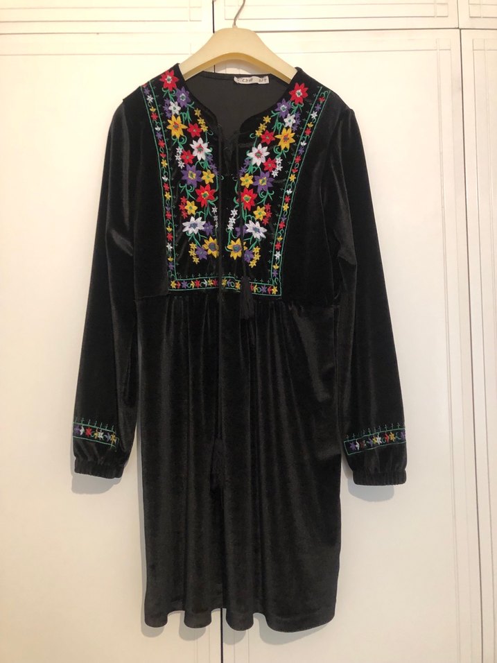 Boncuk İşlemeli Uzun Kollu Bohem Kadın kadife Elbise - Görsel 2