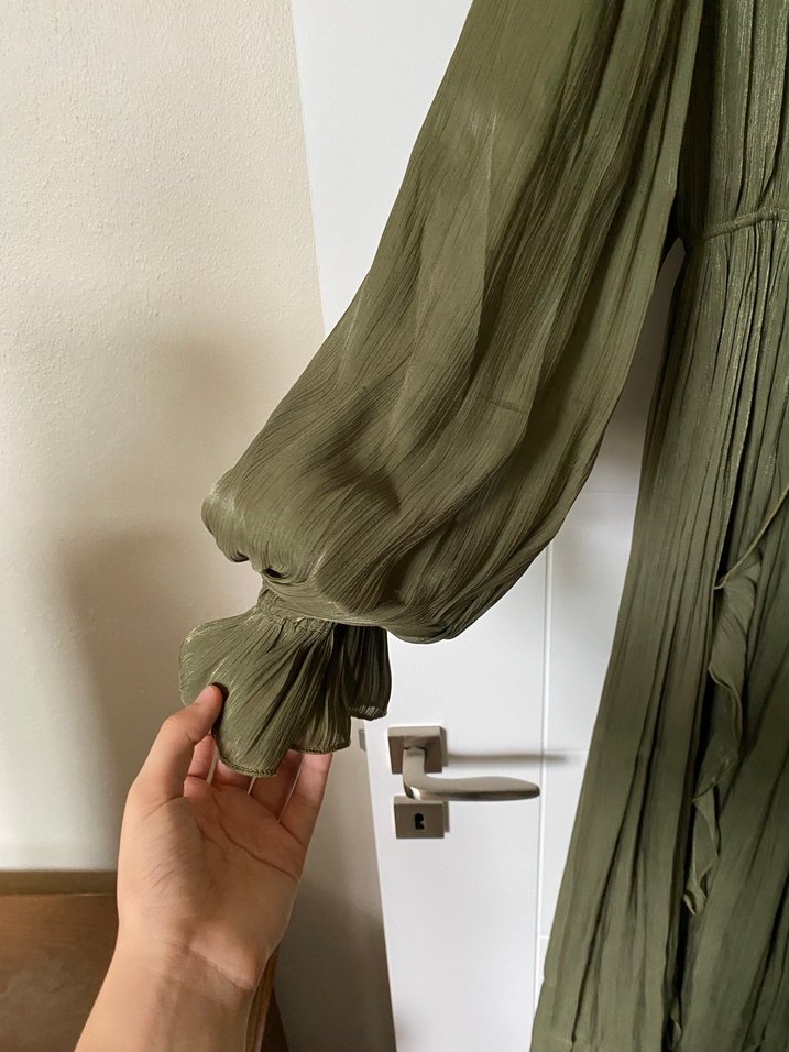 Kadın Haki Uzun Piliseli Düğün Nişan Elbise - Görsel 4