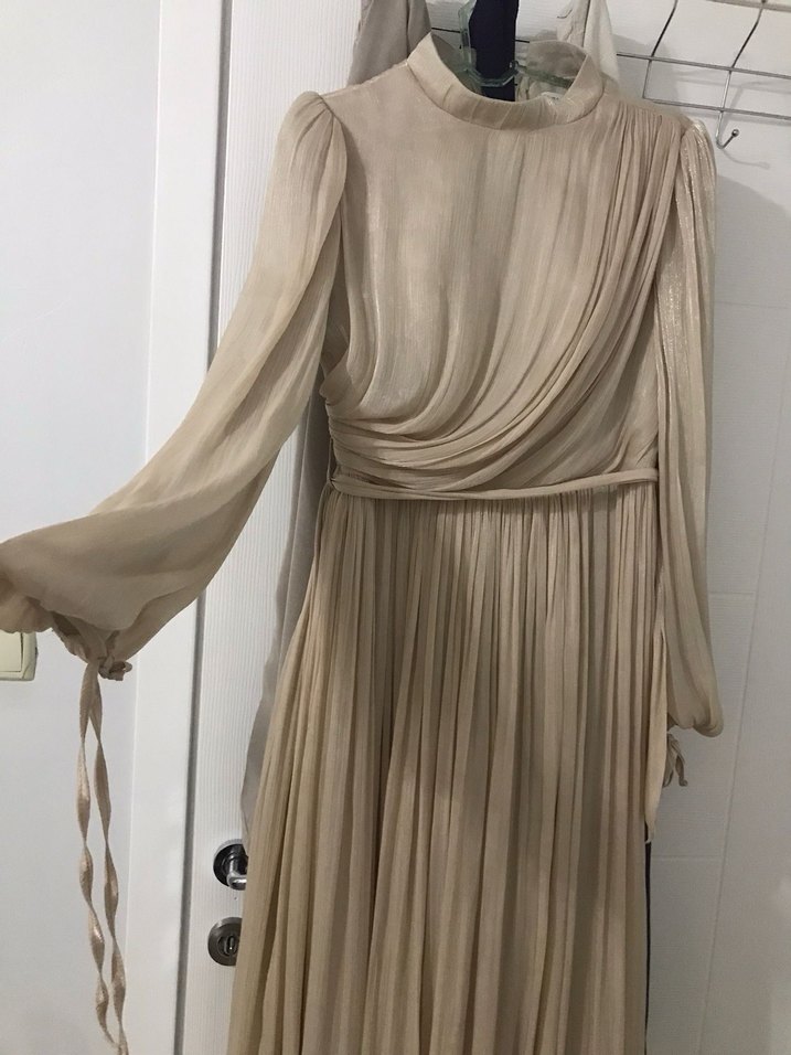 Bej Keten Bohem Uzun Elbise - Görsel 2