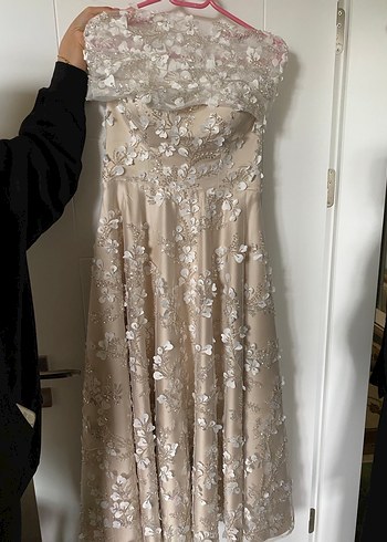 Dantelli Straplez Bej Uzun Abiye Elbise - Görsel 5