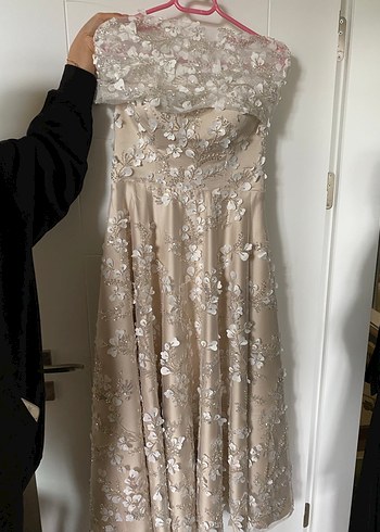 Dantelli Straplez Bej Uzun Abiye Elbise - Görsel 4