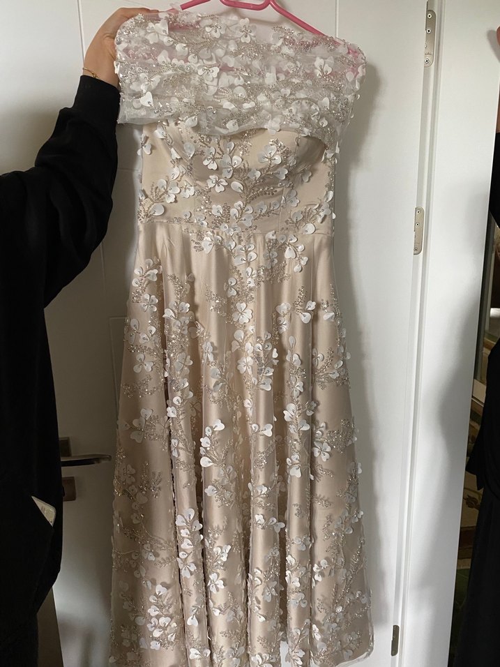 Dantelli Straplez Bej Uzun Abiye Elbise - Görsel 5