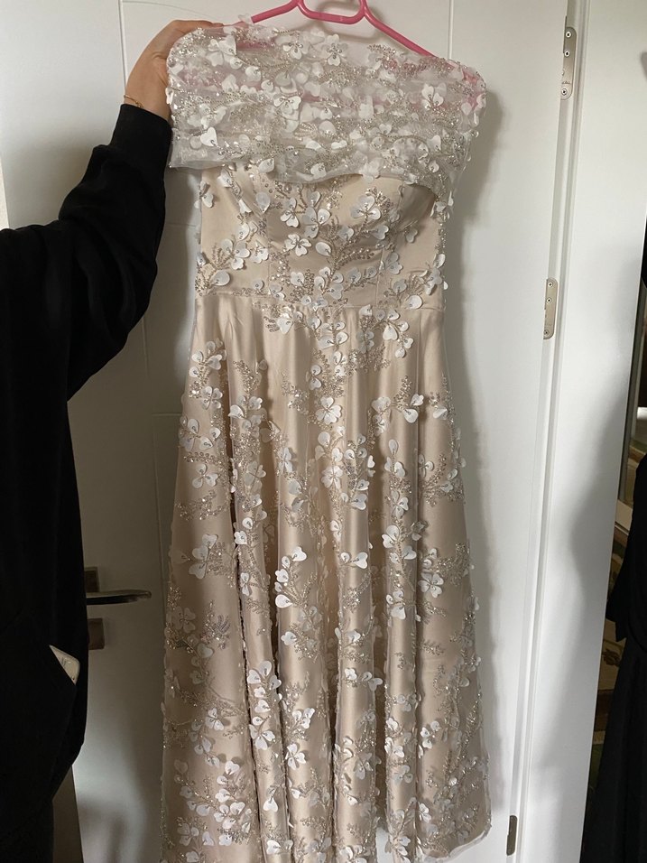 Dantelli Straplez Bej Uzun Abiye Elbise - Görsel 4