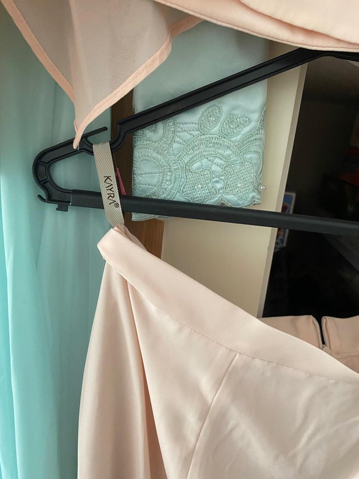 Pudra Renk Drapeli Uzun Elbise - Görsel 3