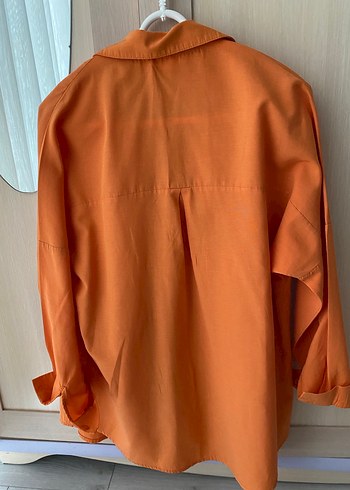 Düğmeli Turuncu Keten Kadın Gömlek - Görsel 2