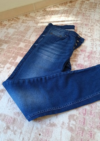 Düğmeli Mavi Kadın Denim Pantolon