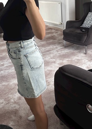 Gri Denim Mini Etek - Görsel 2