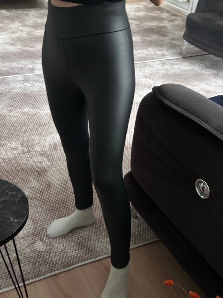 Siyah Deri Kadın Tayt içi şardonlu - Görsel 2