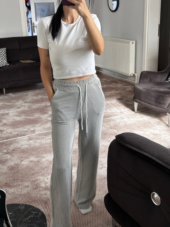 Gri Kadın Bol Kesim pamuklu Pantolon - Görsel 2