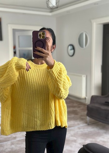 Sarı Örgü Kadın Salaş Triko Kazak - Görsel 2