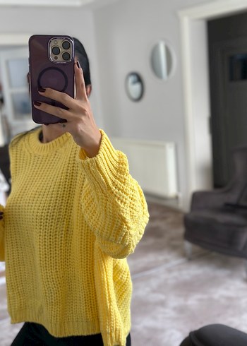 Sarı Örgü Kadın Salaş Triko Kazak - Görsel 3