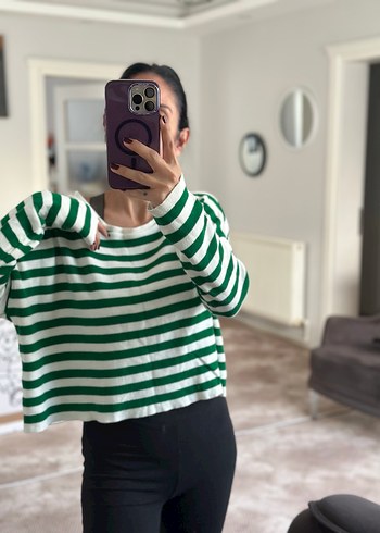 Yeşil Çizgili Örgü Kadın Kazak - Görsel 2