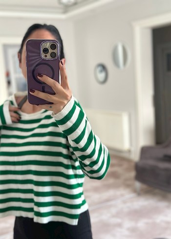 Yeşil Çizgili Örgü Kadın Kazak - Görsel 3