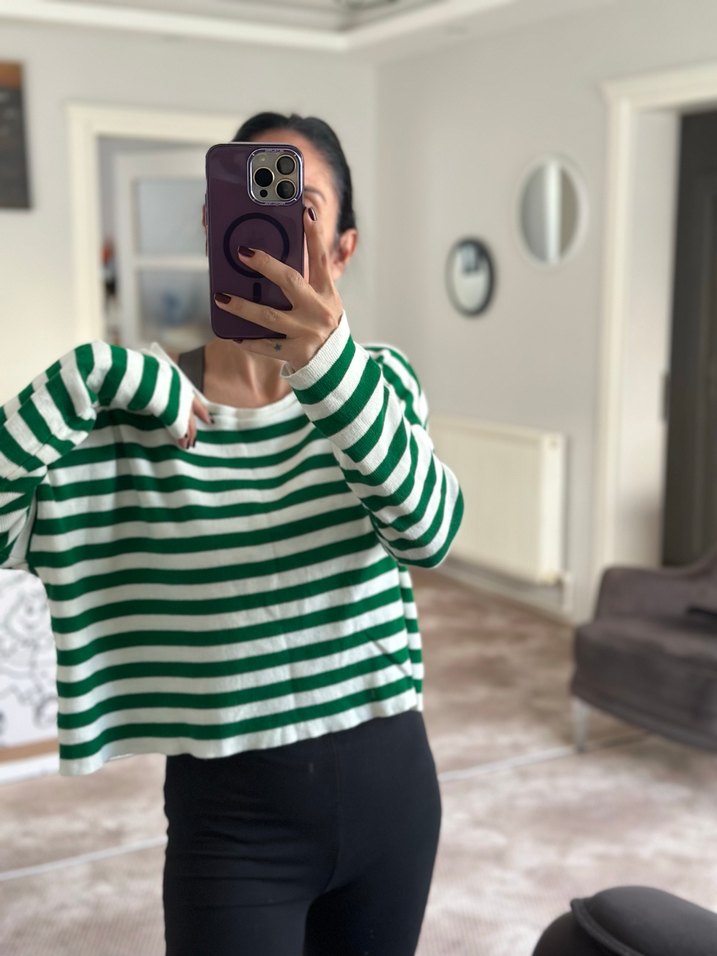 Yeşil Çizgili Örgü Kadın Kazak - Görsel 2