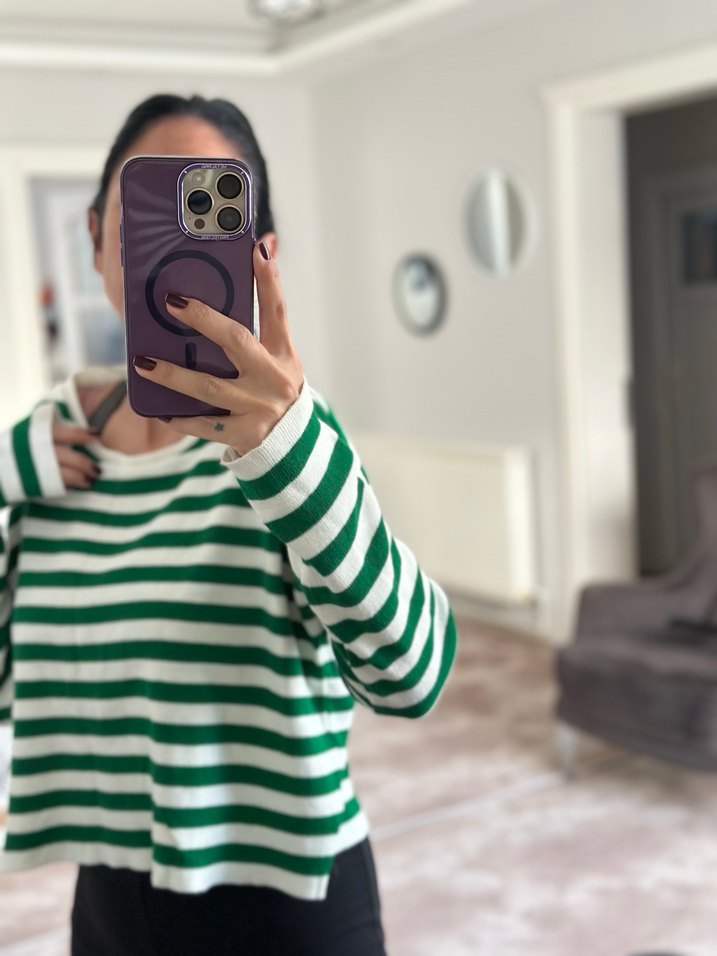 Yeşil Çizgili Örgü Kadın Kazak - Görsel 3