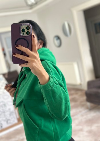 Kadın Yeşil Kapüşonlu Salaş Sweatshirt - Görsel 3