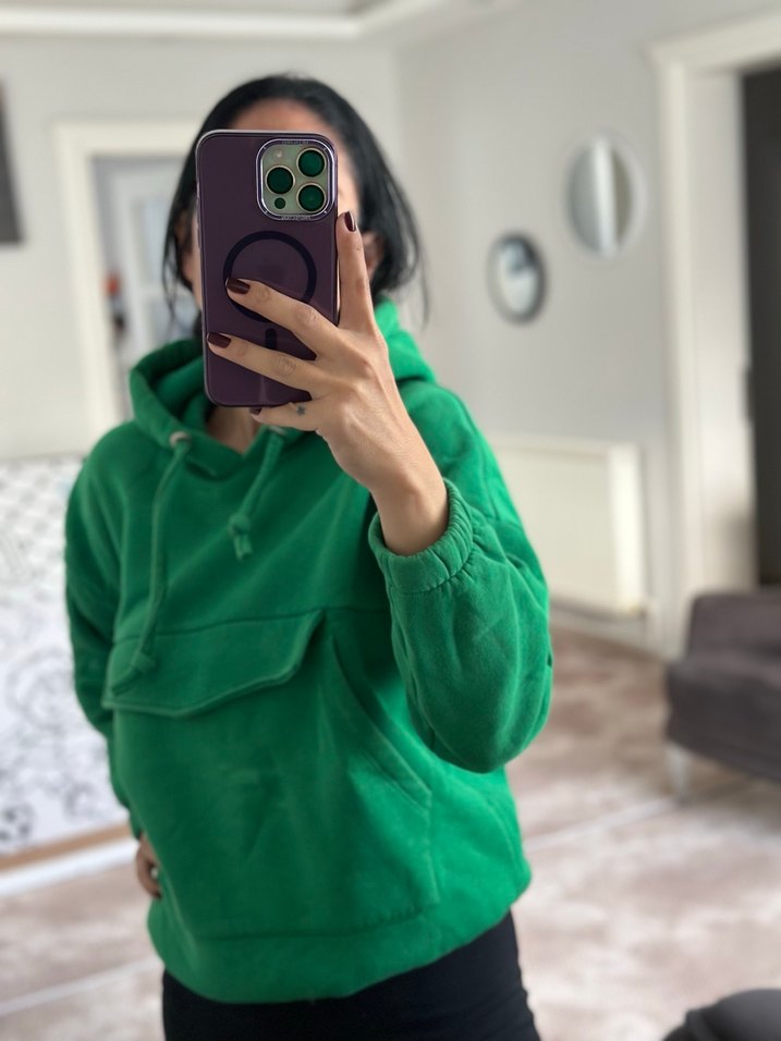 Kadın Yeşil Kapüşonlu Salaş Sweatshirt - Görsel 2