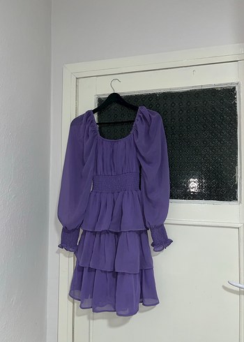 Mor Uzun Kollu Fırfırlı Kadın Elbise - Görsel 2