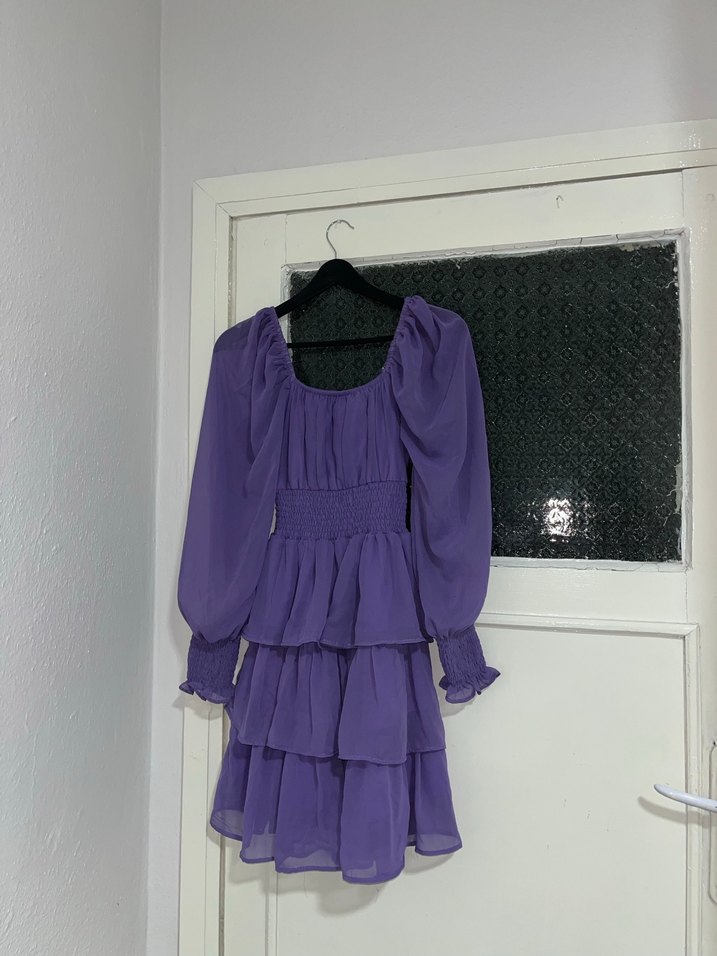 Mor Uzun Kollu Fırfırlı Kadın Elbise - Görsel 2