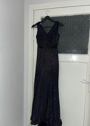 Parlak Mor V Yaka Uzun Abiye Elbise - Görsel 2