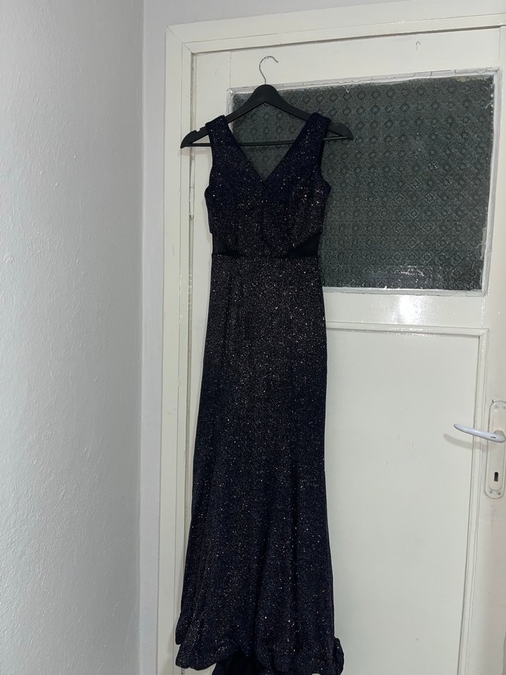 Parlak Mor V Yaka Uzun Abiye Elbise - Görsel 2