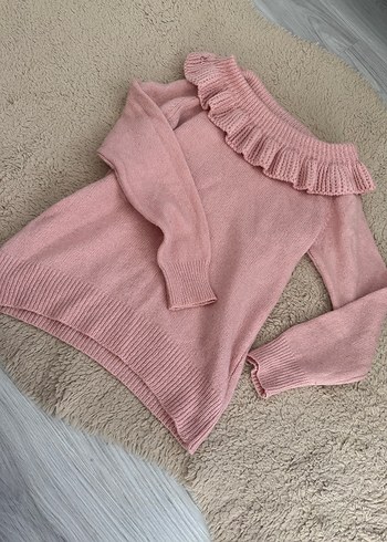 Pembe Fırfırlı Triko Kadın Kazak